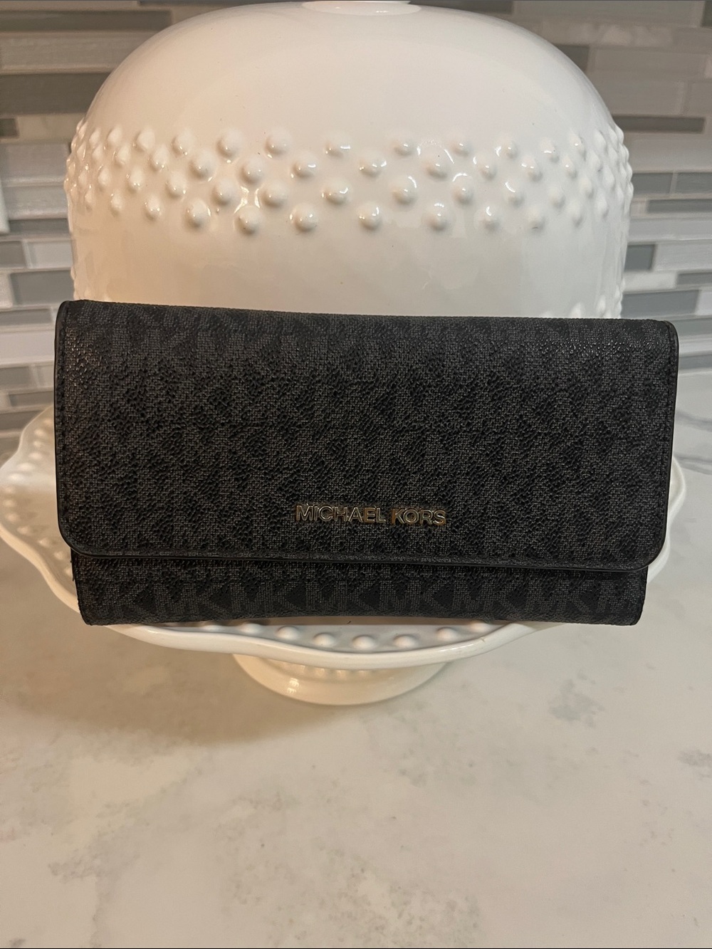Michael Kors Black Signature Logo Flap Wallet with silvertone Hardware